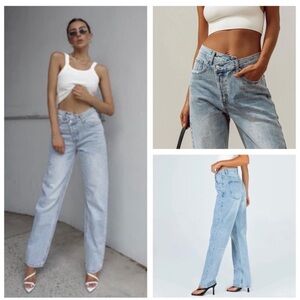 HOLLY ASYMMETRIC STRAIGHT LEG JEAN MID WASH DENIM ECO- light wash denim. Size 4